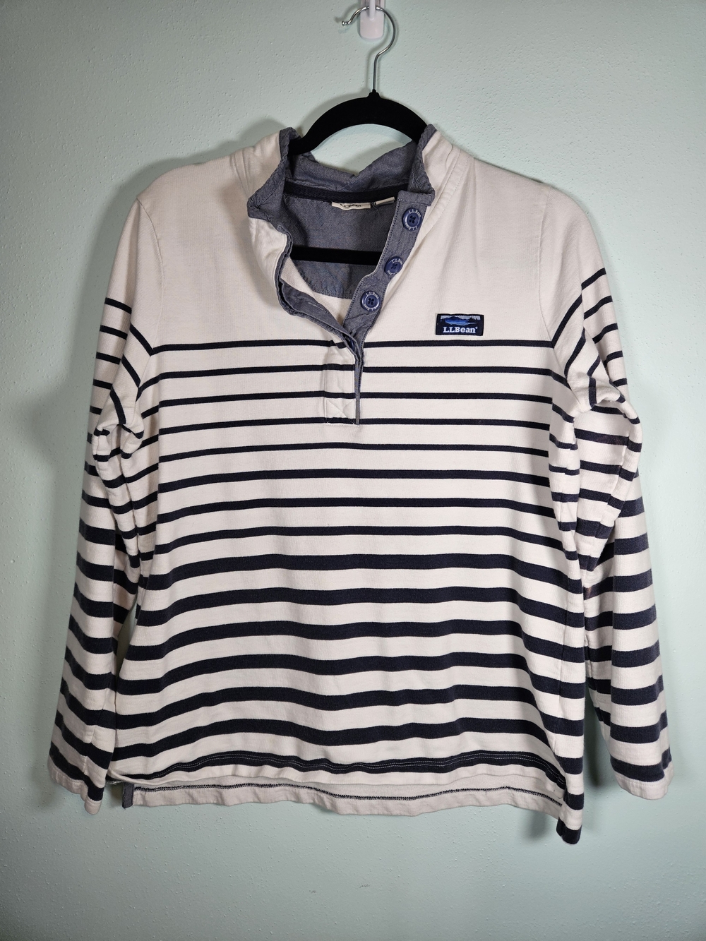 L.L. Bean Cream and Navy Striped Long-Sleeve Henley Pullover